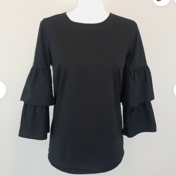 J. Crew Mercantile Women's Black Tiered Bell Sleeve Top Crew Neck Stretch, Sz 8 - Picture 1 of 3